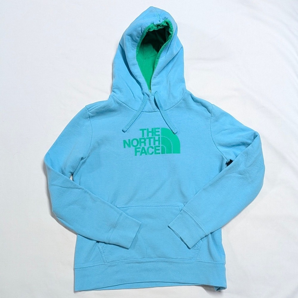 The North Face Womens Light Blue Green Logo Hoodie Sweatshirt Medium